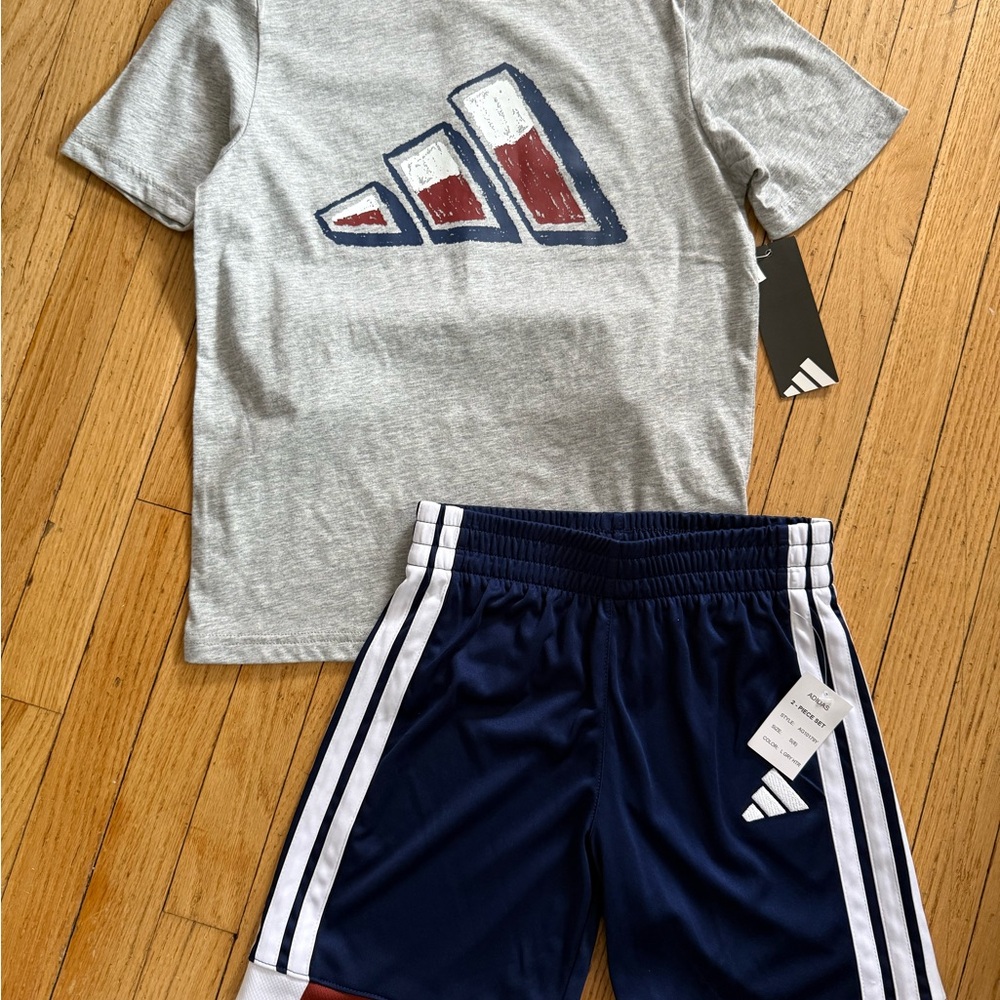 Adidas Kids size 8 Tee & Shorts Set - Gray Top with Navy Shorts